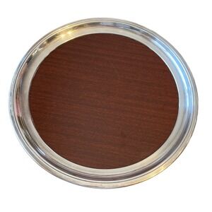 Formica Round Serving Tray 14in Brown Wood Grain Silver Rim Vintage MCM